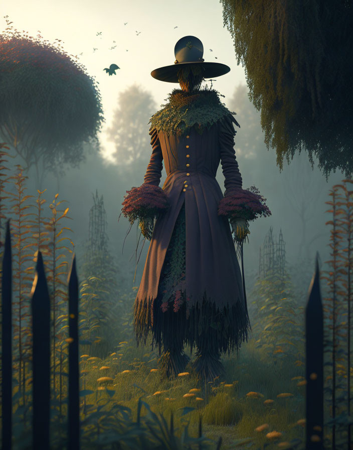 Scarecrow in dress and hat with flowers in misty field at dusk