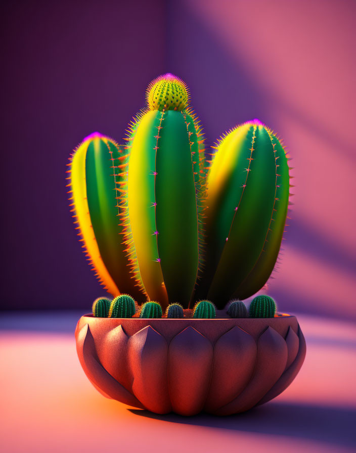 Colorful geometric pot with vibrant green cacti and yellow spikes under warm purple lighting