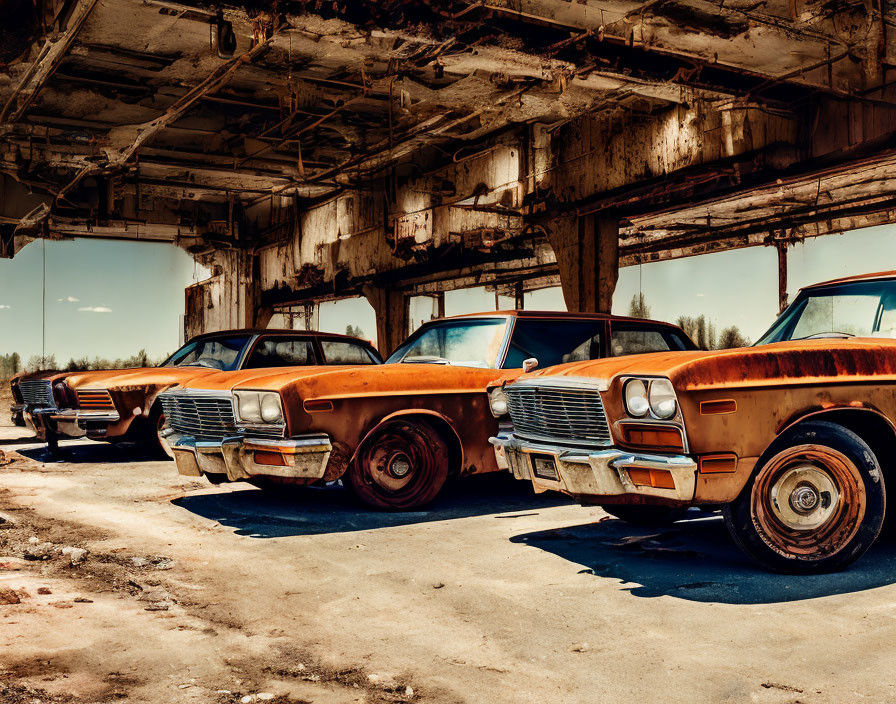 Row of Rusty Vintage Cars Under Dilapidated Structure and Blue Sky