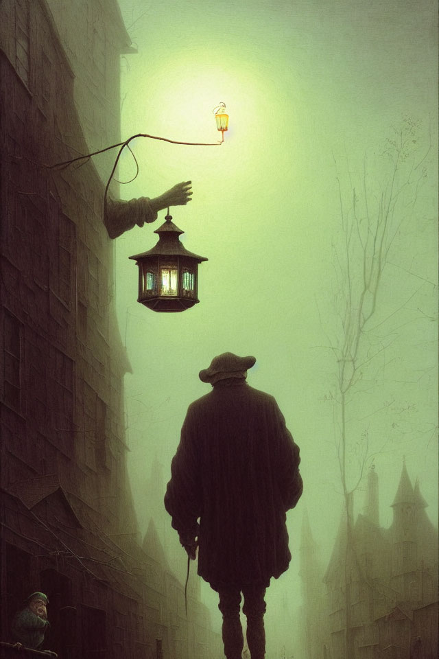 Mysterious figure in hat and coat in foggy alley with rooftops.