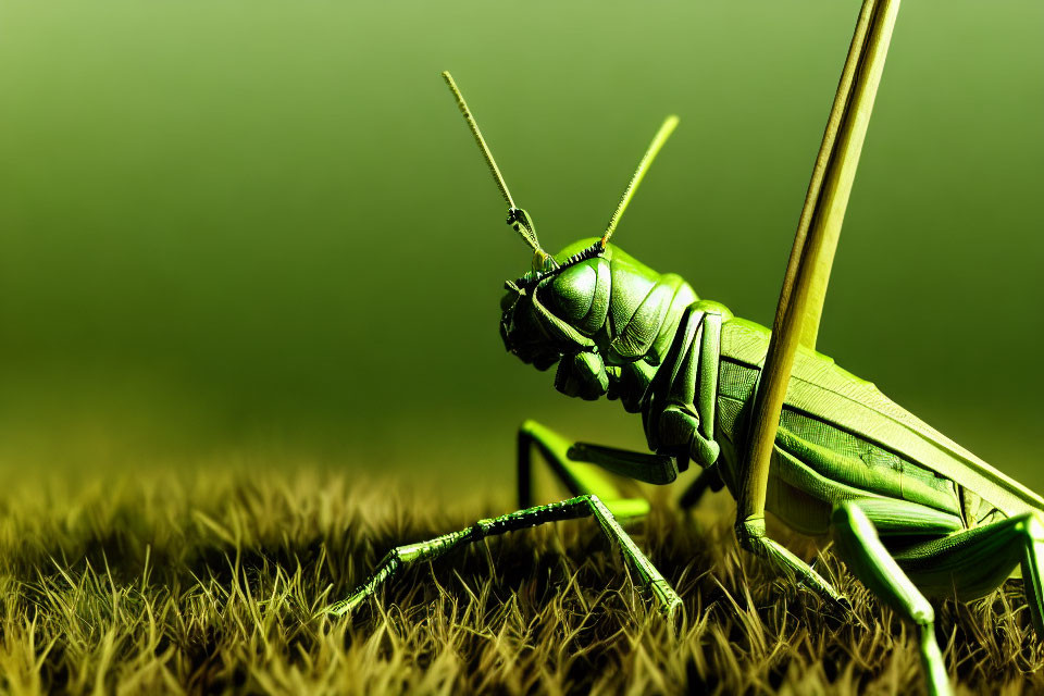 Detailed Close-Up of Green Grasshopper on Brown Grass with Soft-Focus Green Background