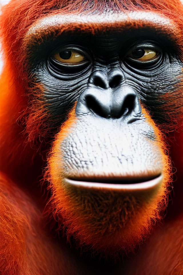 Orangutan with contemplative eyes and vibrant orange fur