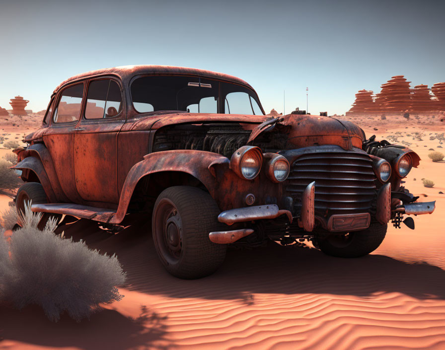 Rusty abandoned car in desert with sand dunes and sparse vegetation