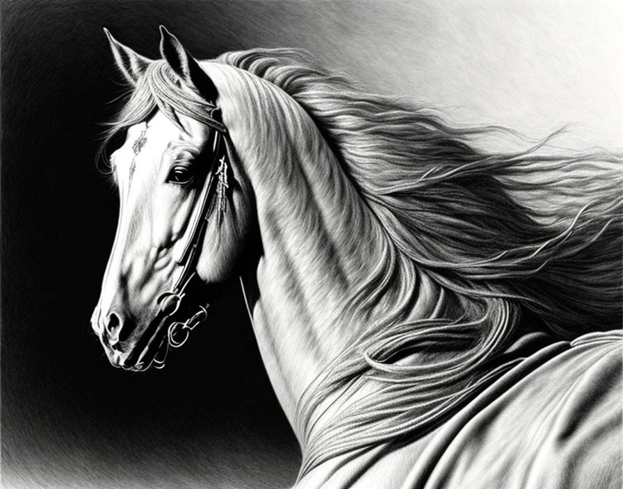 Realistic black and white pencil drawing of a majestic horse with flowing mane.