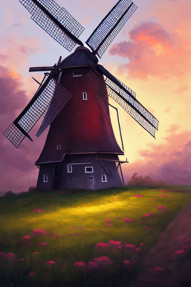 Sunset scene with traditional windmill, vibrant skies, flowers, and dirt path