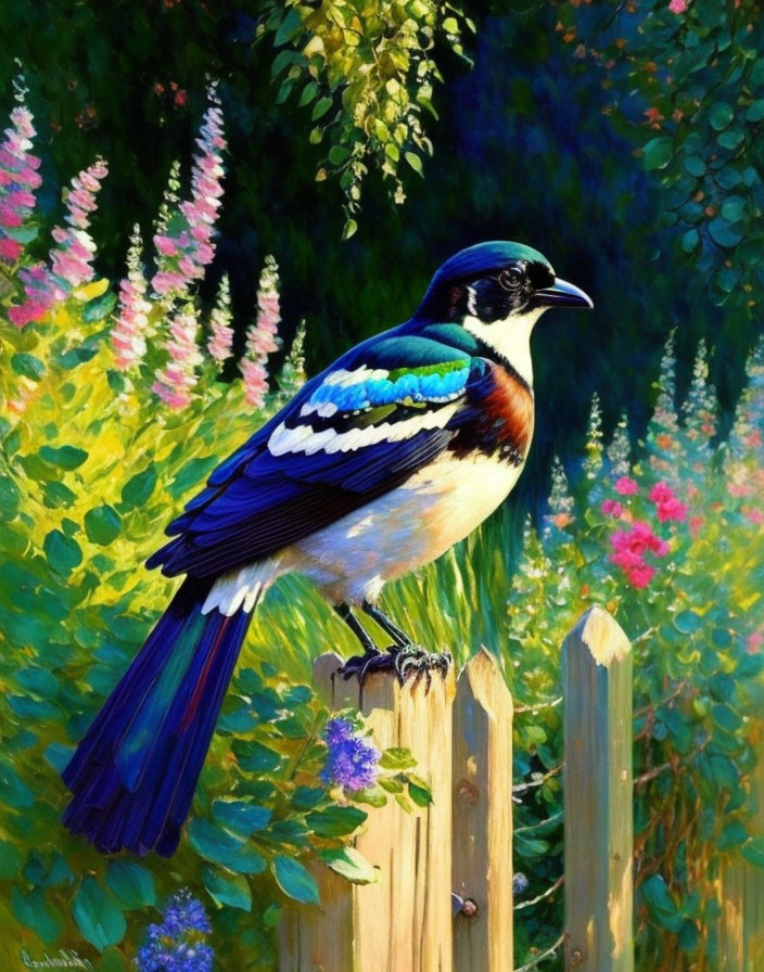 Colorful bird with blue and white plumage on wooden fence in lush garden