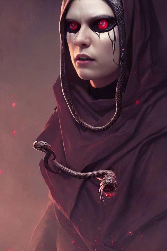 Red-eyed person with black tears in hood, snake on neck, mystical background