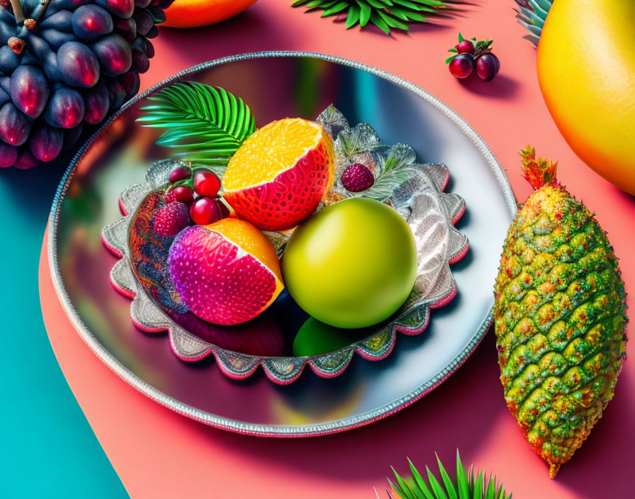 Colorful Stylized Fruits Still Life on Metallic Platter