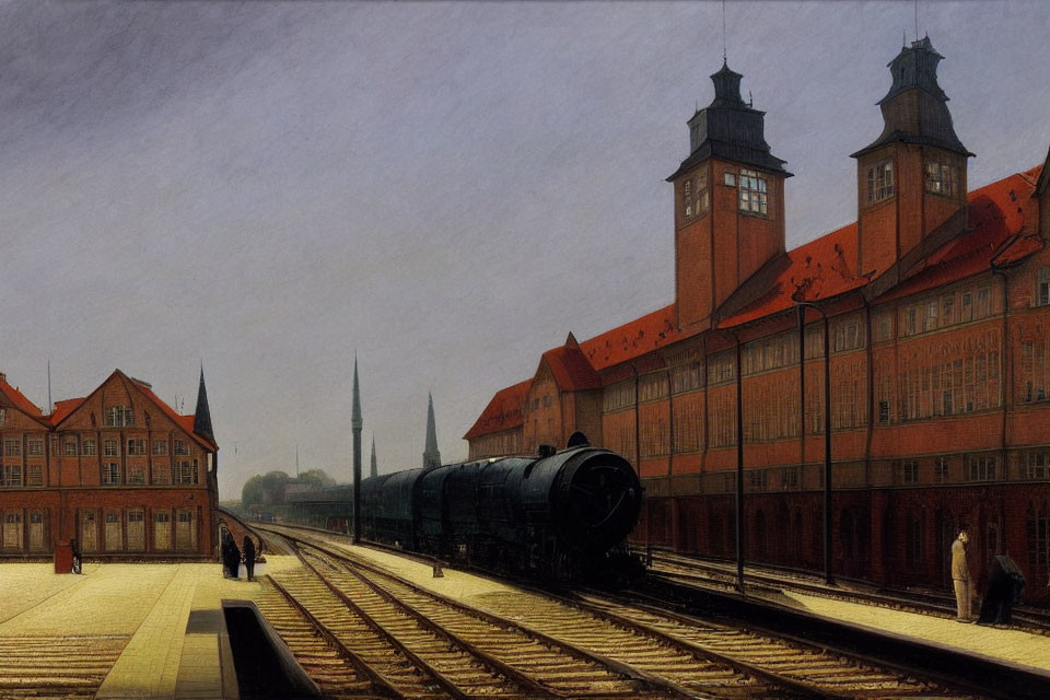 Vintage Steam Locomotive at Station with People and Historic Buildings