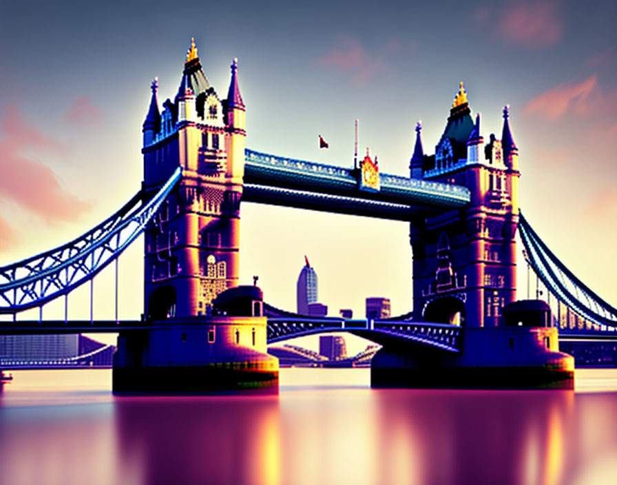 Sunset view of Tower Bridge with pinkish-purple sky and warm water reflections