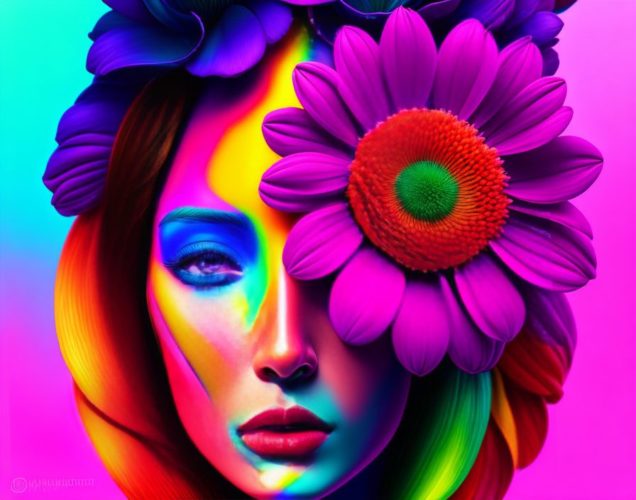 Colorful portrait of woman with bold makeup and floral hair against gradient background