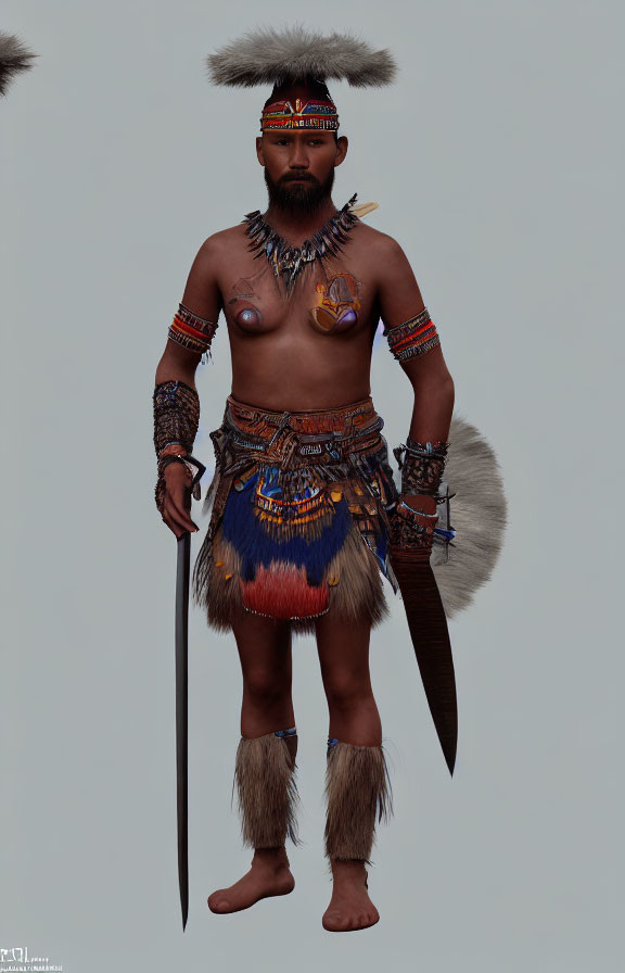 Digital illustration of a person in tribal attire with swords & fierce expression