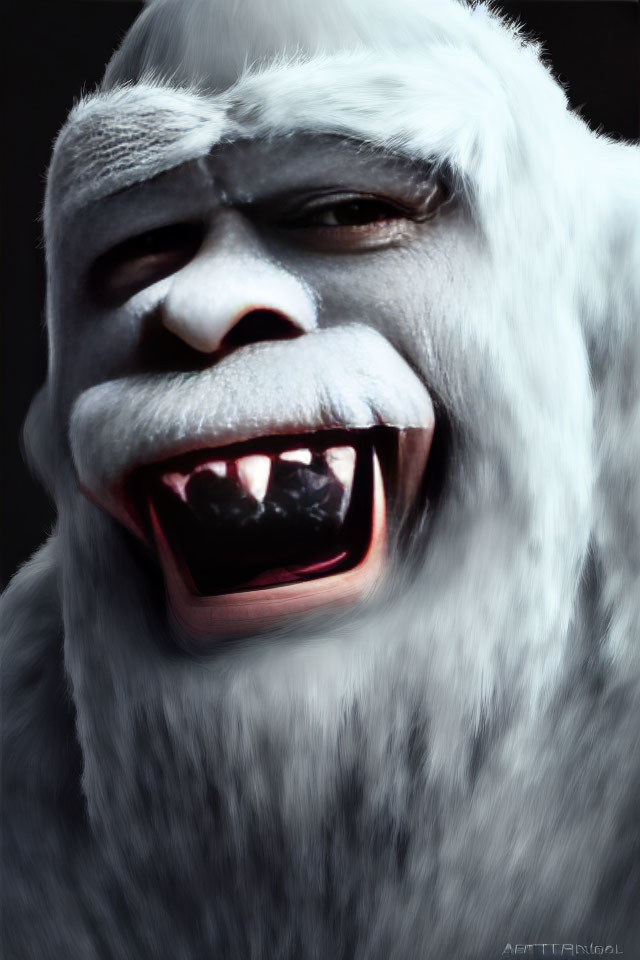 Detailed close-up of a smiling white-furred creature with sharp teeth and deep-set eyes.