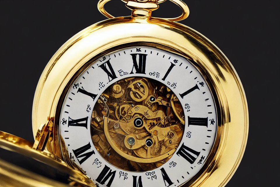 Detailed Gold Pocket Watch with Visible Gears and Roman Numerals on Black Background