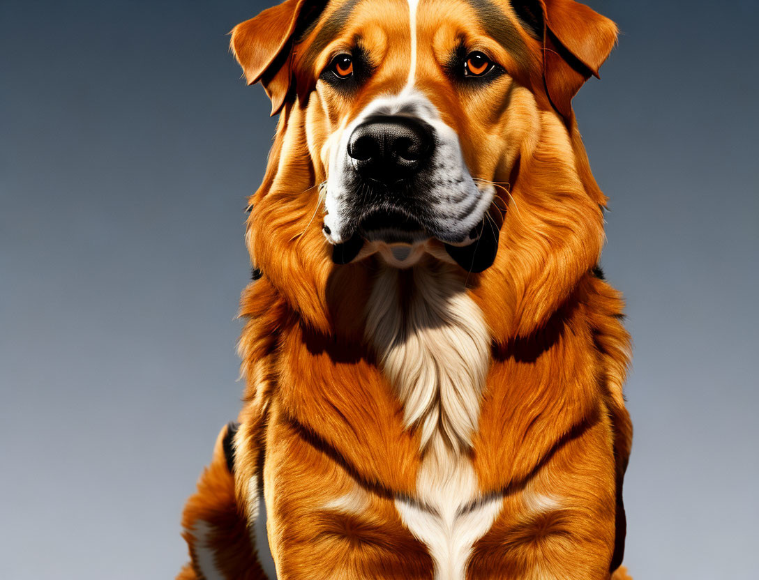 Large Brown and Black Dog with Solemn Expression Against Gray Background