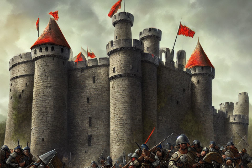 Medieval stone castle with red flags, armored soldiers, and towers.