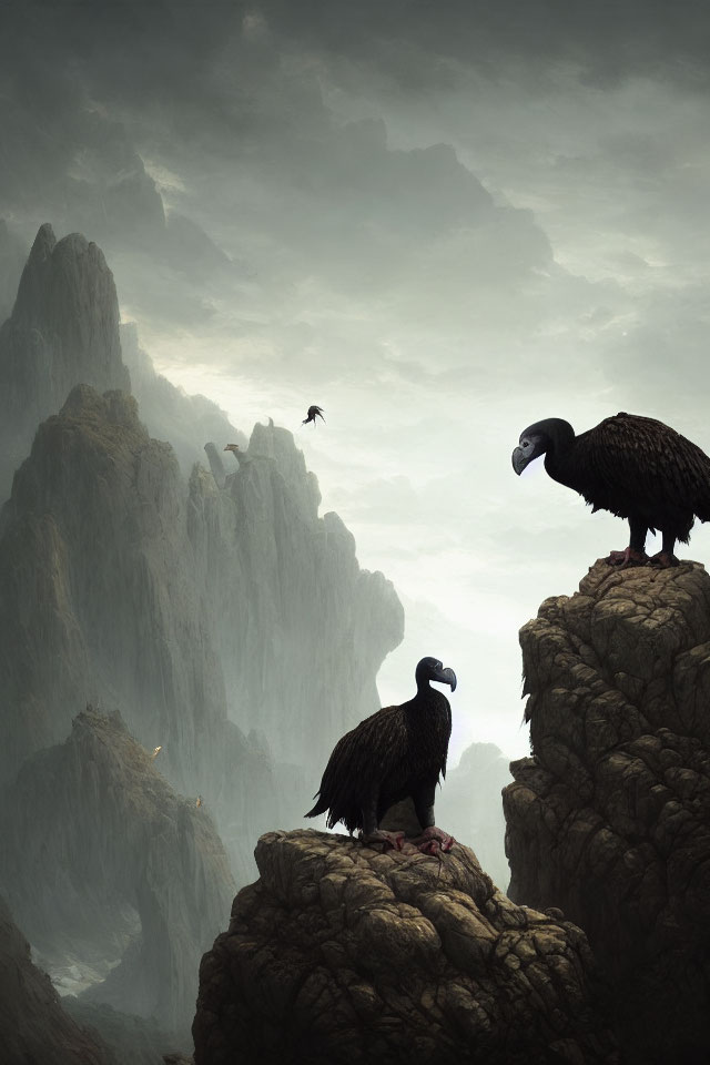 Large vulture-like birds on craggy mountains under grey sky with lone figure