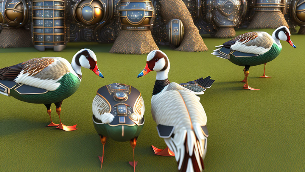 Stylized robotic ducks with intricate patterns and mechanical elements in futuristic setting