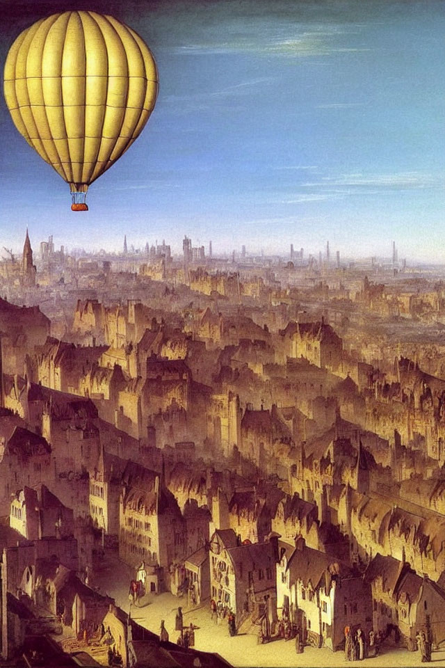 Yellow hot air balloon over European city at dawn