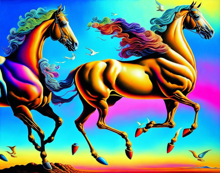 Colorful surreal painting: two horses with flowing manes in vibrant sky.