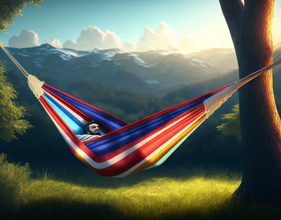 Person relaxing in colorful hammock between trees in serene landscape