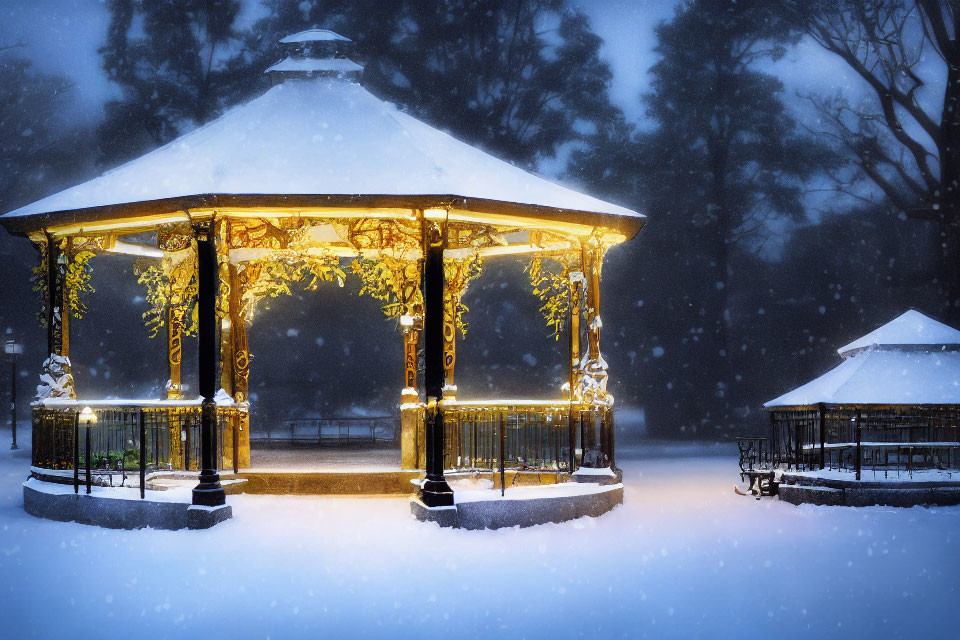 Snow-covered park at night with illuminated golden gazebo and trees.