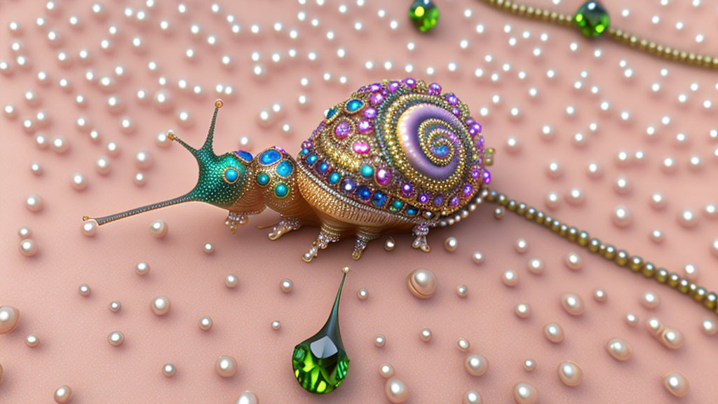 Colorful Bejeweled Snail on Pink Surface with Pearls