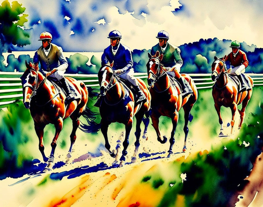 Four jockeys in helmets racing horses on track with vibrant greenery in dynamic watercolor style