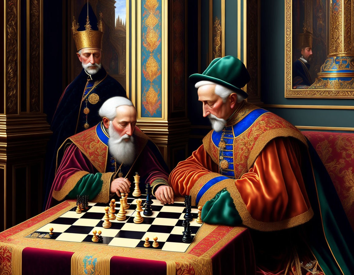 Elaborately Dressed Individuals Playing Chess in Luxurious Room