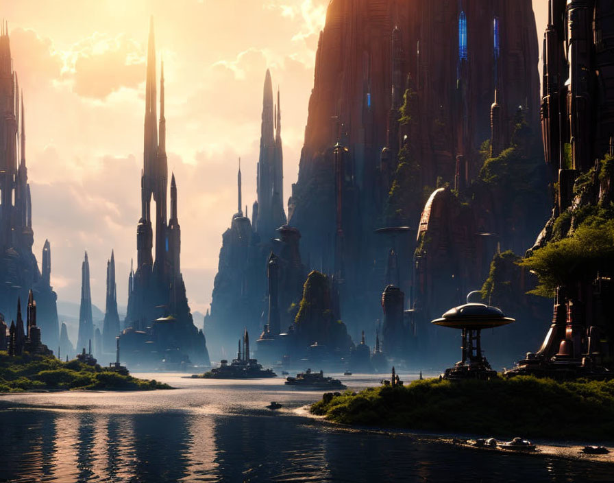 Futuristic sci-fi landscape with towering skyscrapers and lush green foreground