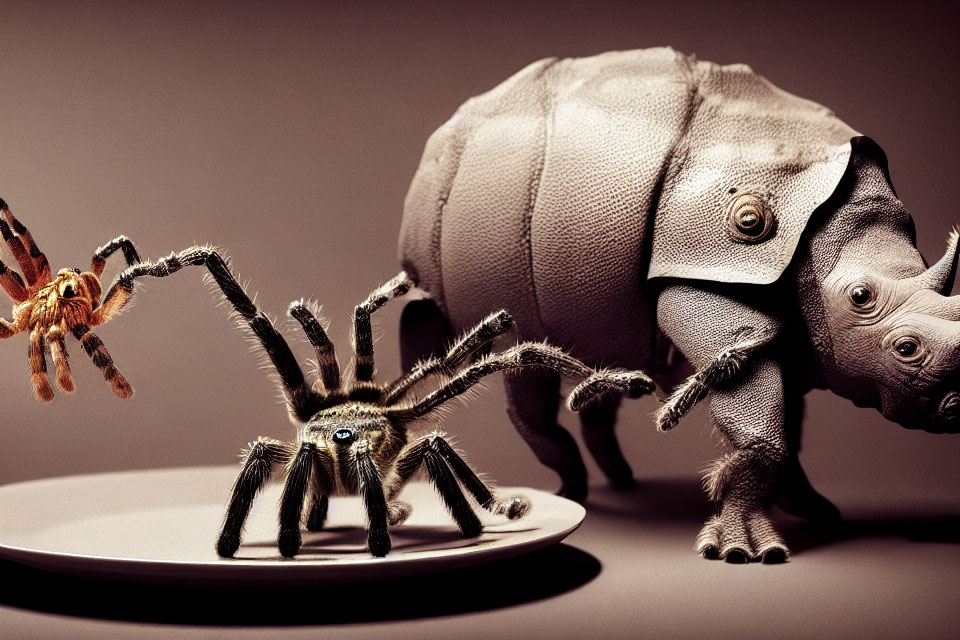 Realistic tarantula model and rhino figurine displayed on a museum plate