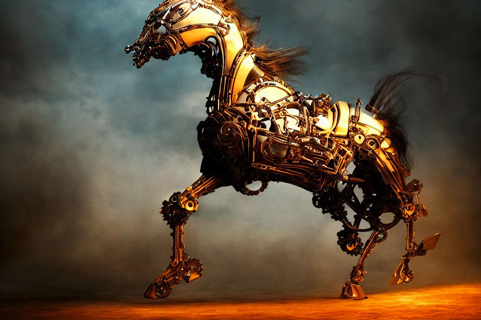 Intricate steampunk horse sculpture with metal gears on amber background