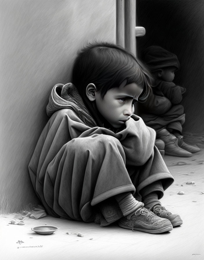 Monochromatic image of child in oversized sweater with weary expression