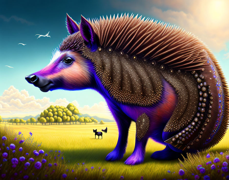 Vibrant illustration of giant hedgehog in pastoral scene