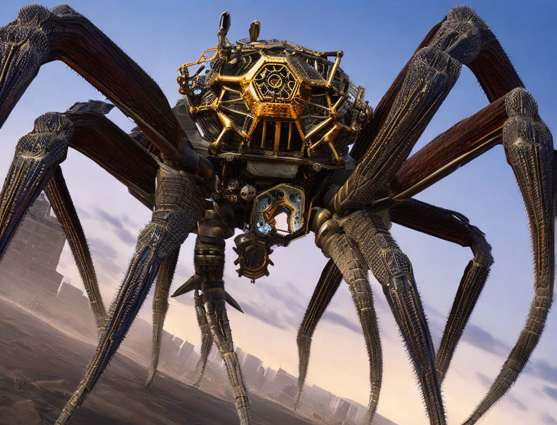 Detailed Spider-Like Robot Under Blue Sky