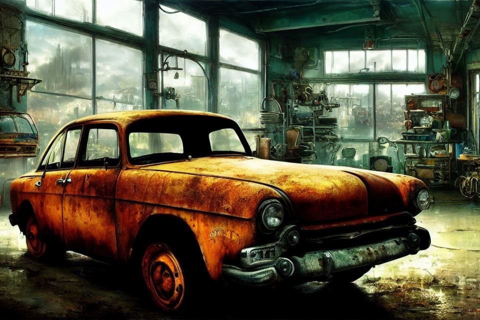 Abandoned rusty car in cluttered workshop depicts decay and neglect