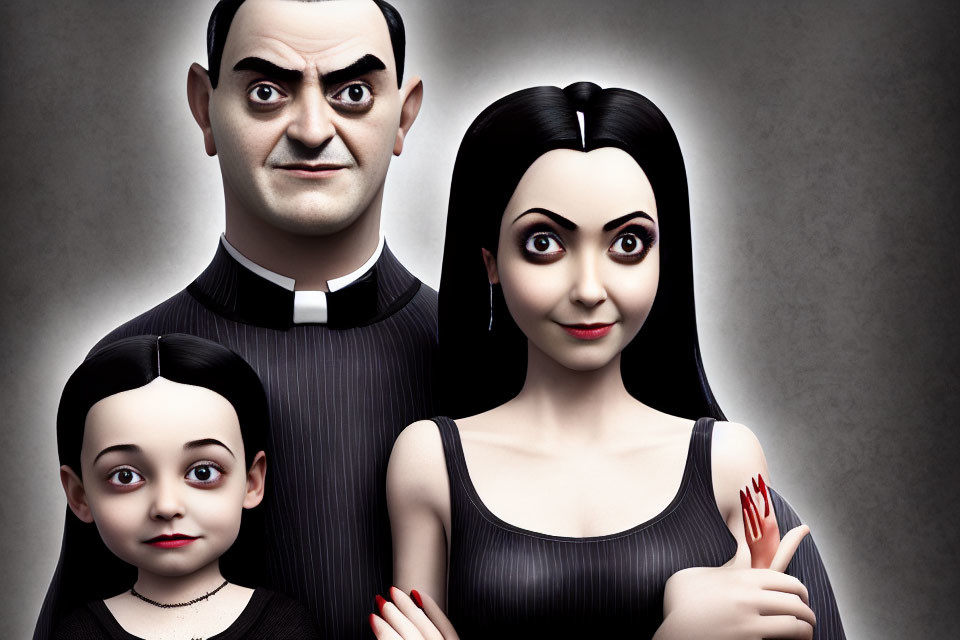 Pale-skinned animated Gothic family of four in black attire, with dark hair and dresses