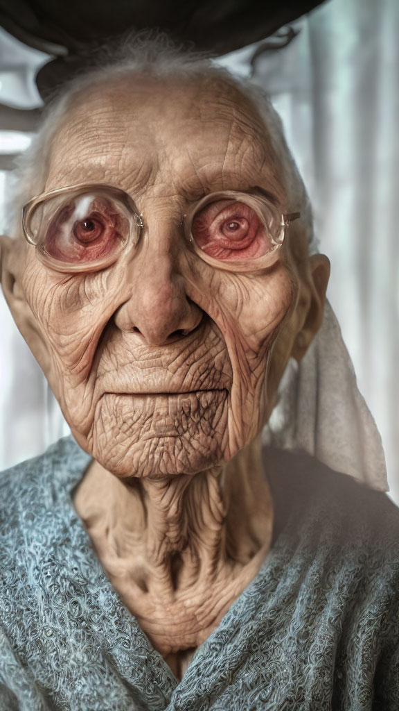 Elderly person with deep wrinkles and glasses in blue shirt by curtain