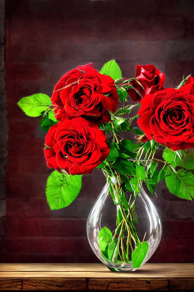 Red Roses Bouquet in Clear Vase on Wooden Surface Against Maroon Background