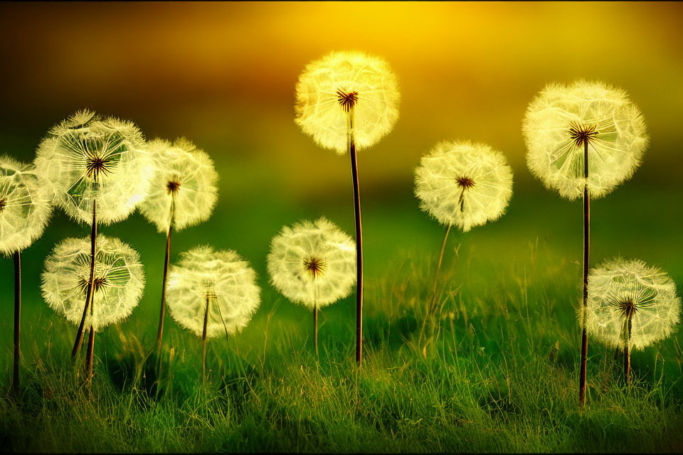 Dandelion seed heads in field at sunset