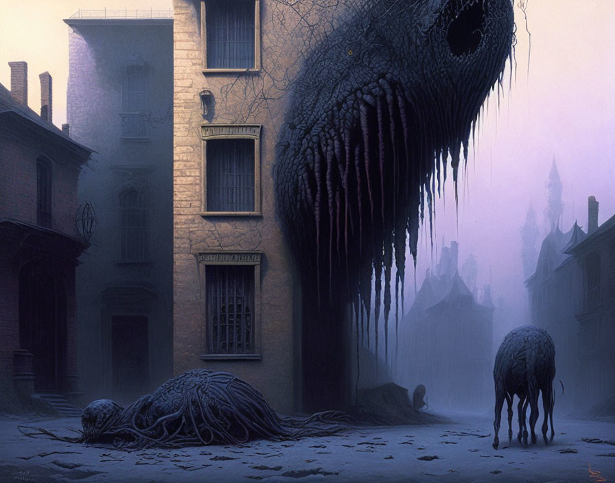 Eerie street scene with large creature and misty backdrop