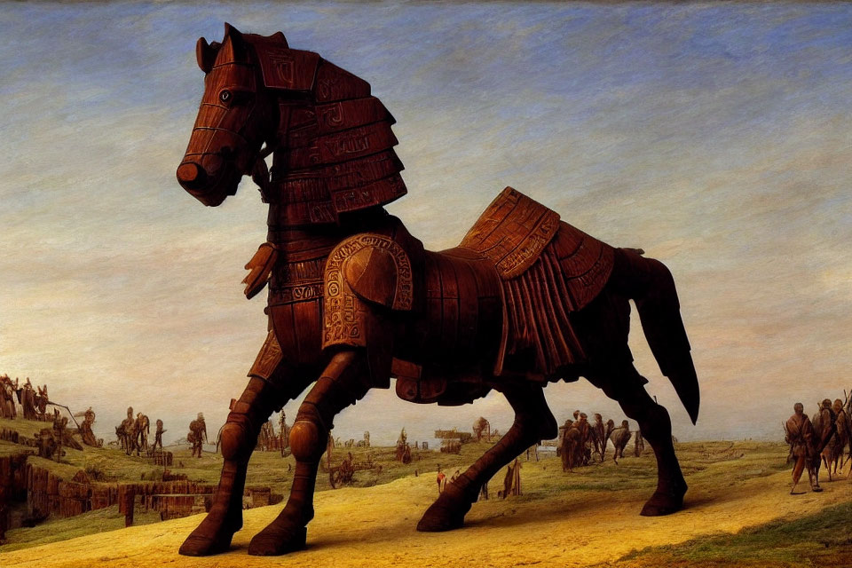 Legendary Trojan Horse with Soldiers on Historical Battlefield at Dusk