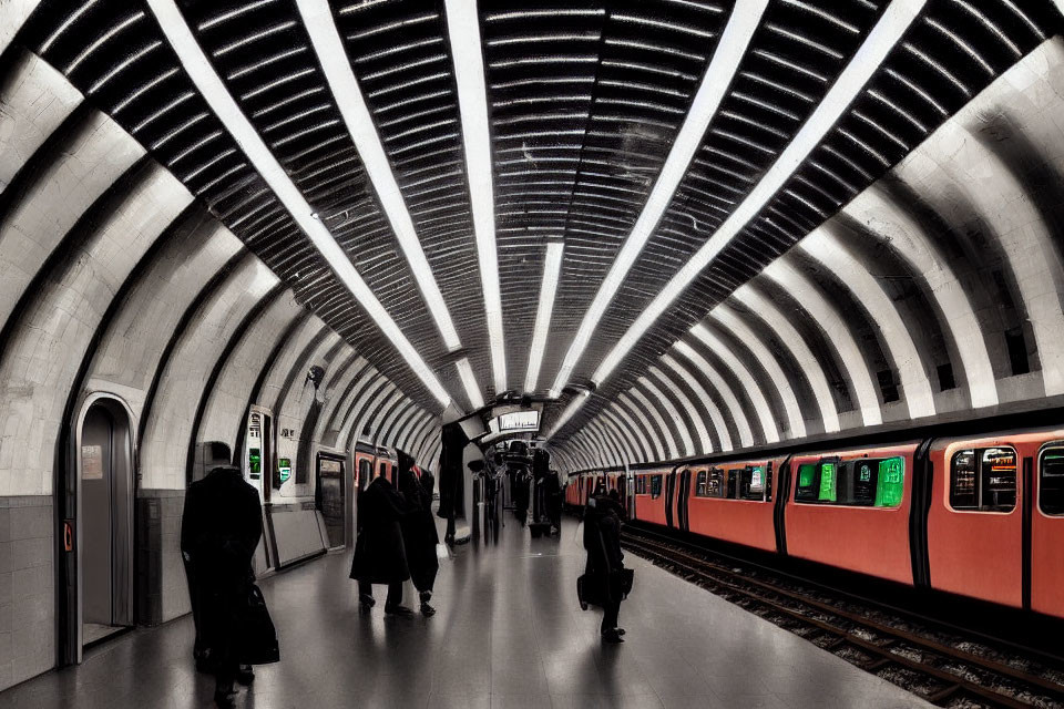 Modern Subway Station with Arched Ribbed Ceiling Design and Passengers Boarding Red and Green Train