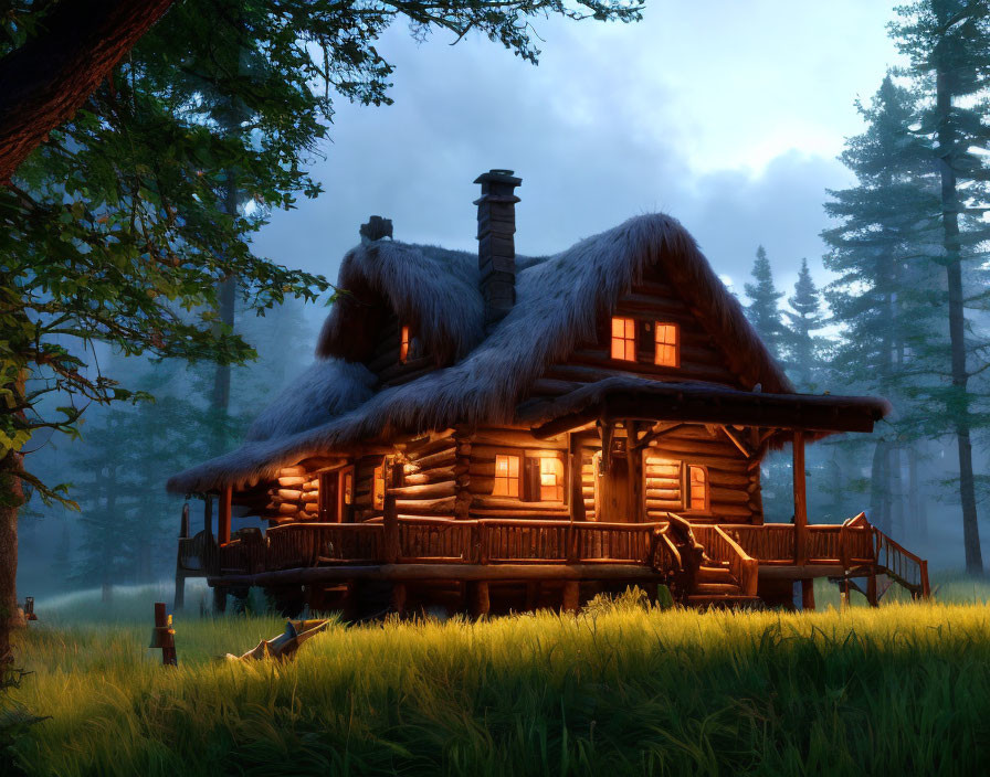 Thatched Roof Log Cabin in Forest Clearing at Twilight