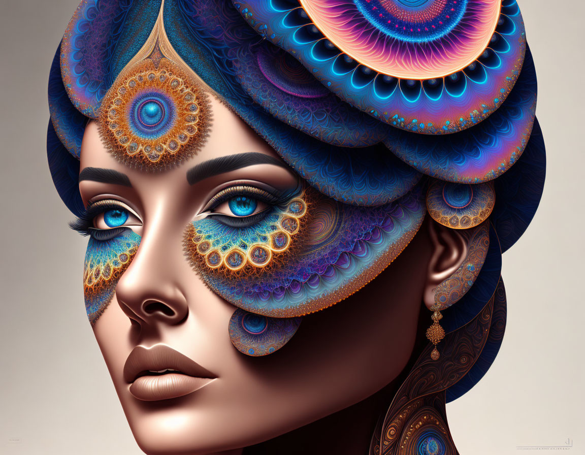 Colorful digital artwork of woman with peacock feather patterns in blues and oranges.