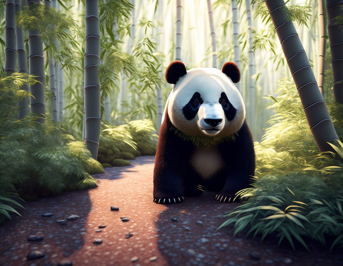 Giant panda in lush bamboo forest with sunlight filtering through stalks