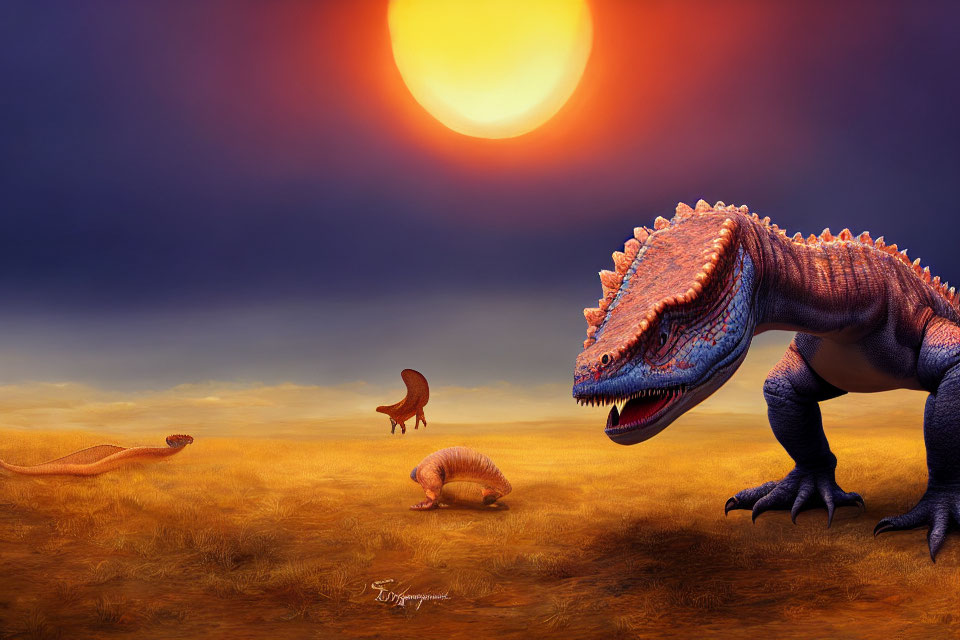 Digital Art: Dinosaurs in Prehistoric Landscape with Glowing Sun