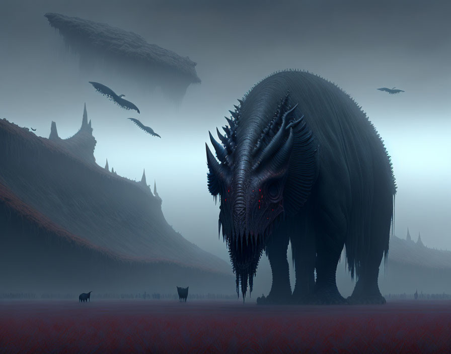 Dark beast with red eyes and horns in misty landscape