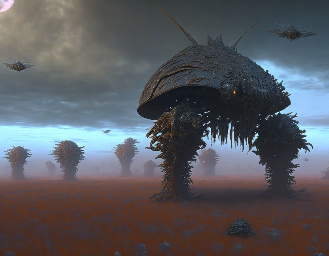 Sci-fi landscape: Giant biomechanical creatures in misty orange field