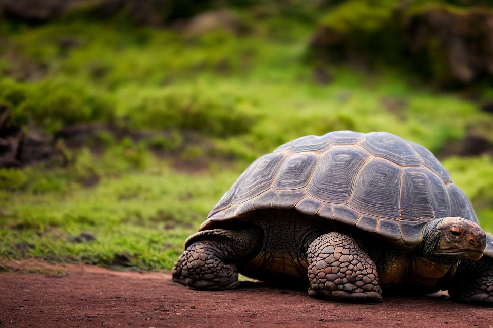 Textured Shell Tortoise Crawling on Ground with Green Vegetation